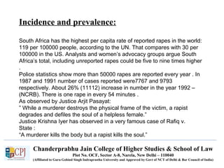 Chanderprabhu Jain College of Higher Studies & School of Law
Plot No. OCF, Sector A-8, Narela, New Delhi – 110040
(Affiliated to Guru Gobind Singh Indraprastha University and Approved by Govt of NCT of Delhi & Bar Council of India)
Incidence and prevalence:
South Africa has the highest per capita rate of reported rapes in the world:
119 per 100000 people, according to the UN. That compares with 30 per
100000 in the US. Analysts and women’s advocacy groups argue South
Africa’s total, including unreported rapes could be five to nine times higher
.
Police statistics show more than 50000 rapes are reported every year . In
1987 and 1991 number of cases reported were7767 and 9793
respectively. About 26% (11112) increase in number in the year 1992 –
(NCRB). There is one rape in every 54 minutes .
As observed by Justice Arjit Pasayat:
” While a murderer destroys the physical frame of the victim, a rapist
degrades and defiles the soul of a helpless female.”
Justice Krishna Iyer has observed in a very famous case of Rafiq v.
State :
“A murderer kills the body but a rapist kills the soul.”
 