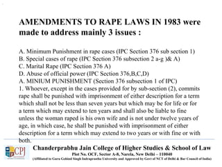 Chanderprabhu Jain College of Higher Studies & School of Law
Plot No. OCF, Sector A-8, Narela, New Delhi – 110040
(Affiliated to Guru Gobind Singh Indraprastha University and Approved by Govt of NCT of Delhi & Bar Council of India)
AMENDMENTS TO RAPE LAWS IN 1983 were
made to address mainly 3 issues :
A. Minimum Punishment in rape cases (IPC Section 376 sub section 1)
B. Special cases of rape (IPC Section 376 subsection 2 a-g )& A)
C. Marital Rape (IPC Section 376 A)
D. Abuse of official power (IPC Section 376,B,C,D)
A. MINIUM PUNISHMENT (Section 376 subsection 1 of IPC)
1. Whoever, except in the cases provided for by sub-section (2), commits
rape shall be punished with imprisonment of either description for a term
which shall not be less than seven years but which may be for life or for
a term which may extend to ten years and shall also be liable to fine
unless the woman raped is his own wife and is not under twelve years of
age, in which case, he shall be punished with imprisonment of either
description for a term which may extend to two years or with fine or with
both.
.
 