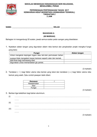 NAMA: _________________________________________ KELAS: _____________________
BAHAGIAN A
(60 MARKAH)
Bahagian ini mengandungi 20 soalan, jawab semua soalan pada ruangan yang disediakan.
1. Nyatakan alatan tangan yang digunakan dalam reka bentuk dan penghasilan projek mengikut fungsi
yang betul.
(3 markah)
2. Tandakan ( √ ) bagi faktor utama reka bentuk yang betul dan tandakan ( x ) bagi faktor utama reka
bentuk yang salah. Satu contoh jawapan telah diberi.
Kemasan √
Keselamatan
Saiz
Fungsi
(3 markah)
3. Berikan tiga kelebihan bagi bahan aluminium.
(i) ………………………………………………………………………………………………………………
…….
(ii) ………………………………………………………………………………………………………………
…….
(iii) ………………………………………………………………………………………………………………
…….
(3 markah)
1
Fungsi Alatan tangan
Untuk mengetuk kepingan logam atau lain-lain permukaan bahan
supaya tidak mengalami kesan ketukan seperti calar dan kemek.
Alat khas bagi memasang ribet.
Digunakan untuk memanaskan glu panas.
SEKOLAH MENENGAH KEBANGSAAN SERI KELEDANG,
MENGLEMBU, PERAK
PEPERIKSAAN PERTENGAHAN TAHUN 2017
KEMAHIRAN HIDUP BERSEPADU (KEMAHIRAN TEKNIKAL)
TINGKATAN 2
2 JAM
 