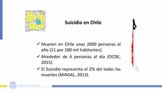 Suicidio en Chile
 Mueren en Chile unas 2000 personas al
año (11 por 100 mil habitantes).
 Alrededor de 6 personas al día (OCDE,
2015).
 El Suicidio representa el 2% del todas las
muertes (MINSAL, 2013).
 