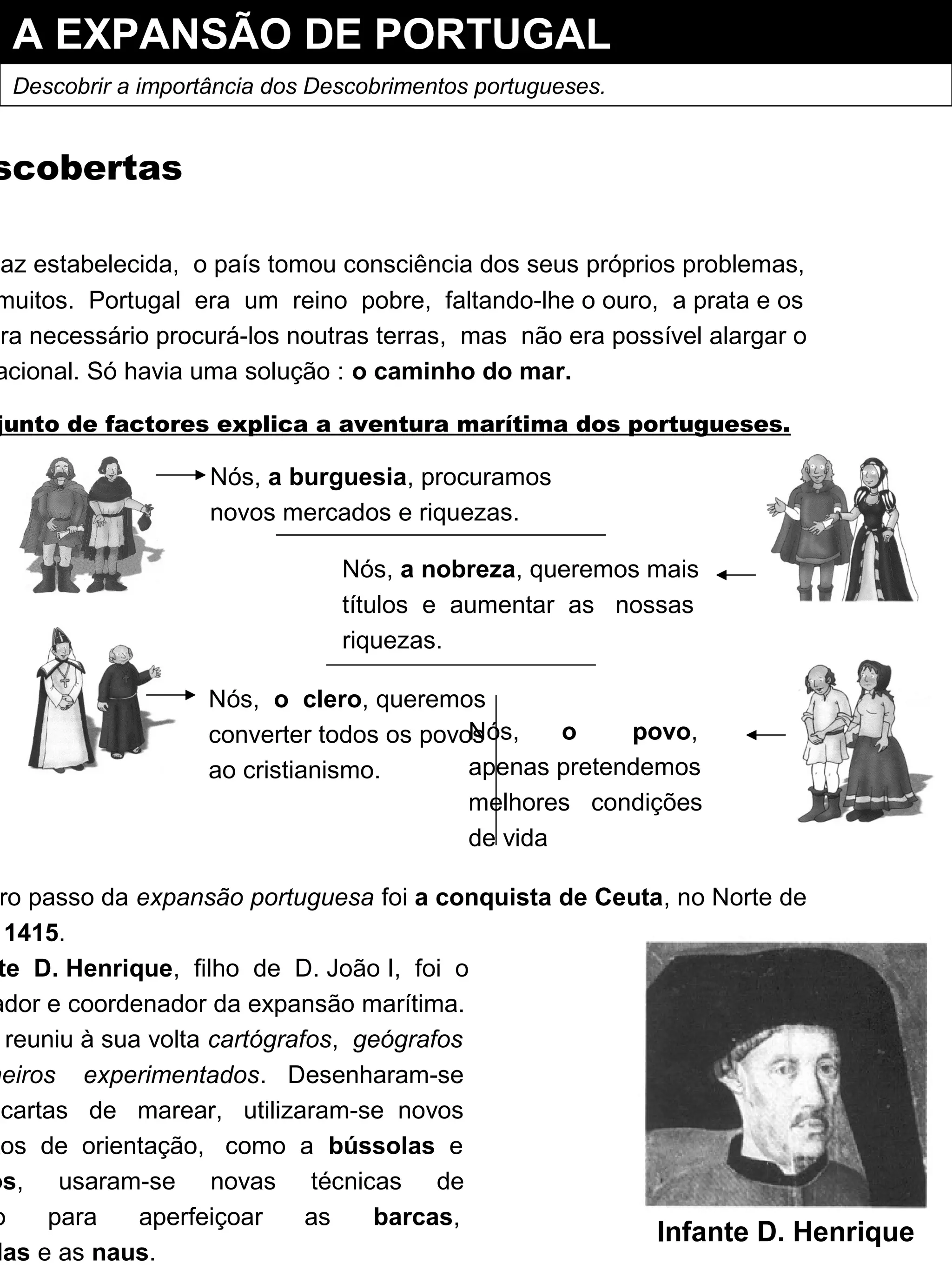 A EXPANSÃO DE PORTUGAL
Descobrir a importância dos Descobrimentos portugueses.
scobertas
paz estabelecida, o país tomou consciência dos seus próprios problemas,
muitos. Portugal era um reino pobre, faltando-lhe o ouro, a prata e os
Era necessário procurá-los noutras terras, mas não era possível alargar o
acional. Só havia uma solução : o caminho do mar.
junto de factores explica a aventura marítima dos portugueses.
Nós, a burguesia, procuramos
novos mercados e riquezas.
Nós, a nobreza, queremos mais
títulos e aumentar as nossas
riquezas.
Nós, o clero, queremos
converter todos os povos
ao cristianismo.
Nós, o povo,
apenas pretendemos
melhores condições
de vida
ro passo da expansão portuguesa foi a conquista de Ceuta, no Norte de
1415.
te D. Henrique, filho de D. João I, foi o
ador e coordenador da expansão marítima.
reuniu à sua volta cartógrafos, geógrafos
heiros experimentados. Desenharam-se
cartas de marear, utilizaram-se novos
tos de orientação, como a bússolas e
os, usaram-se novas técnicas de
o para aperfeiçoar as barcas,
las e as naus.
Infante D. Henrique
 