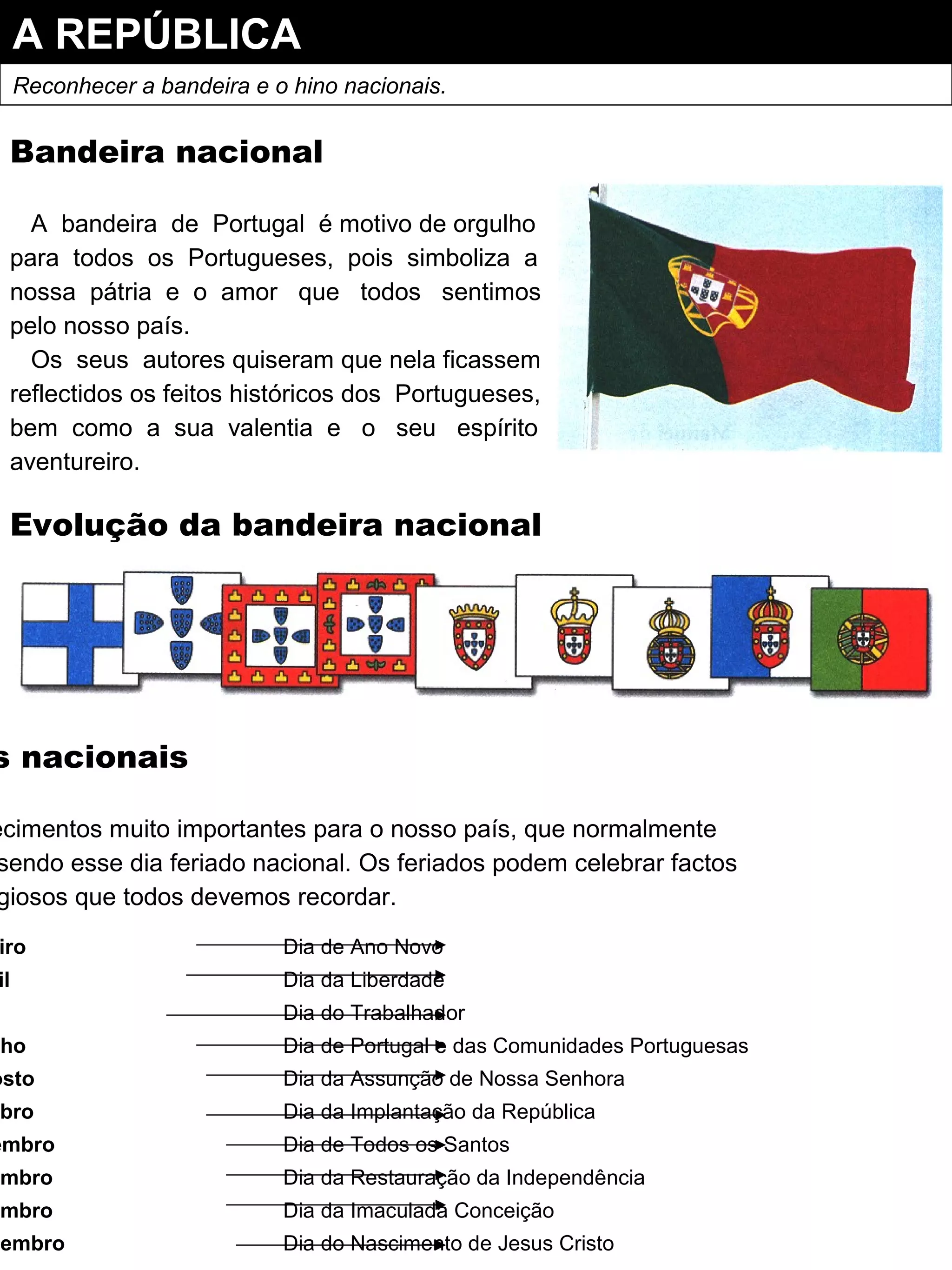 A REPÚBLICA
Reconhecer a bandeira e o hino nacionais.
Bandeira nacional
A bandeira de Portugal é motivo de orgulho
para todos os Portugueses, pois simboliza a
nossa pátria e o amor que todos sentimos
pelo nosso país.
Os seus autores quiseram que nela ficassem
reflectidos os feitos históricos dos Portugueses,
bem como a sua valentia e o seu espírito
aventureiro.
Evolução da bandeira nacional
s nacionais
ecimentos muito importantes para o nosso país, que normalmente
sendo esse dia feriado nacional. Os feriados podem celebrar factos
giosos que todos devemos recordar.
iro Dia de Ano Novo
il Dia da Liberdade
Dia do Trabalhador
nho Dia de Portugal e das Comunidades Portuguesas
osto Dia da Assunção de Nossa Senhora
bro Dia da Implantação da República
embro Dia de Todos os Santos
embro Dia da Restauração da Independência
embro Dia da Imaculada Conceição
zembro Dia do Nascimento de Jesus Cristo
 