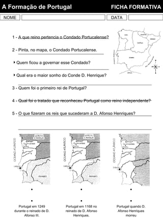 1 - A que reino pertencia o Condado Portucalense?
2 - Pinta, no mapa, o Condado Portucalense.
Quem ficou a governar esse Condado?
Qual era o maior sonho do Conde D. Henrique?
3 - Quem foi o primeiro rei de Portugal?
4 - Qual foi o tratado que reconheceu Portugal como reino independente?
5 - O que fizeram os reis que sucederam a D. Afonso Henriques?
NOME DATA
A Formação de Portugal FICHA FORMATIVA
  
  
Portugal em 1249
durante o reinado de D.
Afonso III.
Portugal em 1168 no
reinado de D. Afonso
Henriques.
Portugal quando D.
Afonso Henriques
morreu
 