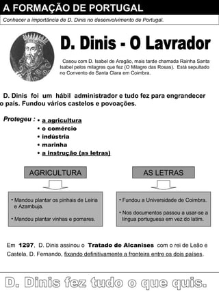A FORMAÇÃO DE PORTUGAL
Conhecer a importância de D. Dinis no desenvolvimento de Portugal.
Casou com D. Isabel de Aragão, mais tarde chamada Rainha Santa
Isabel pelos milagres que fez (O Milagre das Rosas). Está sepultado
no Convento de Santa Clara em Coimbra.
D. Dinis foi um hábil administrador e tudo fez para engrandecer
o país. Fundou vários castelos e povoações.
Protegeu :Protegeu : • a agricultura
• o comércio
• indústria
• marinha
• a instrução (as letras)
AGRICULTURA
• Mandou plantar os pinhais de Leiria
e Azambuja.
• Mandou plantar vinhas e pomares.
AS LETRAS
• Fundou a Universidade de Coimbra.
• Nos documentos passou a usar-se a
língua portuguesa em vez do latim.
Em 1297, D. Dinis assinou o Tratado de Alcanises com o rei de Leão e
Castela, D. Fernando, fixando definitivamente a fronteira entre os dois países.
 