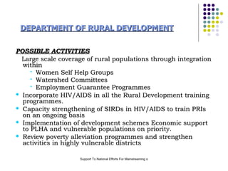 DEPARTMENT OF RURAL DEVELOPMENT POSSIBLE ACTIVITIES Large scale coverage of rural populations through integration within Women Self Help Groups Watershed Committees Employment Guarantee Programmes Incorporate HIV/AIDS in all the Rural Development training programmes. Capacity strengthening of SIRDs in HIV/AIDS to train PRIs on an ongoing basis Implementation of development schemes Economic support to PLHA and vulnerable populations on priority. Review poverty alleviation programmes and strengthen activities in highly vulnerable districts 