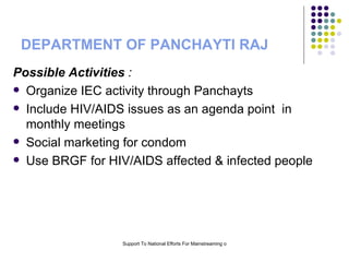 DEPARTMENT OF PANCHAYTI RAJ Possible Activities  : Organize IEC activity through Panchayts  Include HIV/AIDS issues as an agenda point  in monthly meetings  Social marketing for condom  Use BRGF for HIV/AIDS affected & infected people 