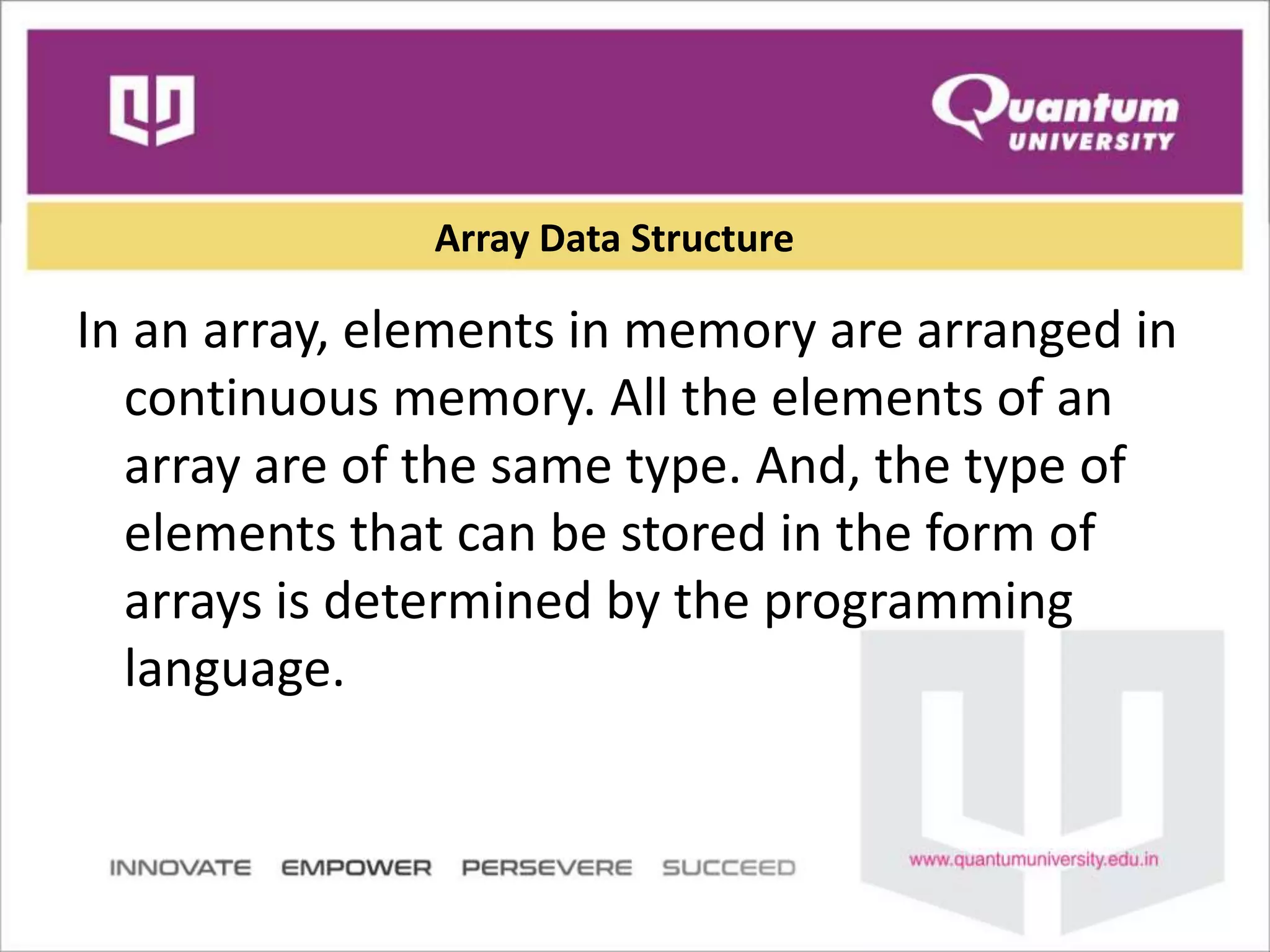 Array Data Structure
In an array, elements in memory are arranged in
continuous memory. All the elements of an
array are of the same type. And, the type of
elements that can be stored in the form of
arrays is determined by the programming
language.
 