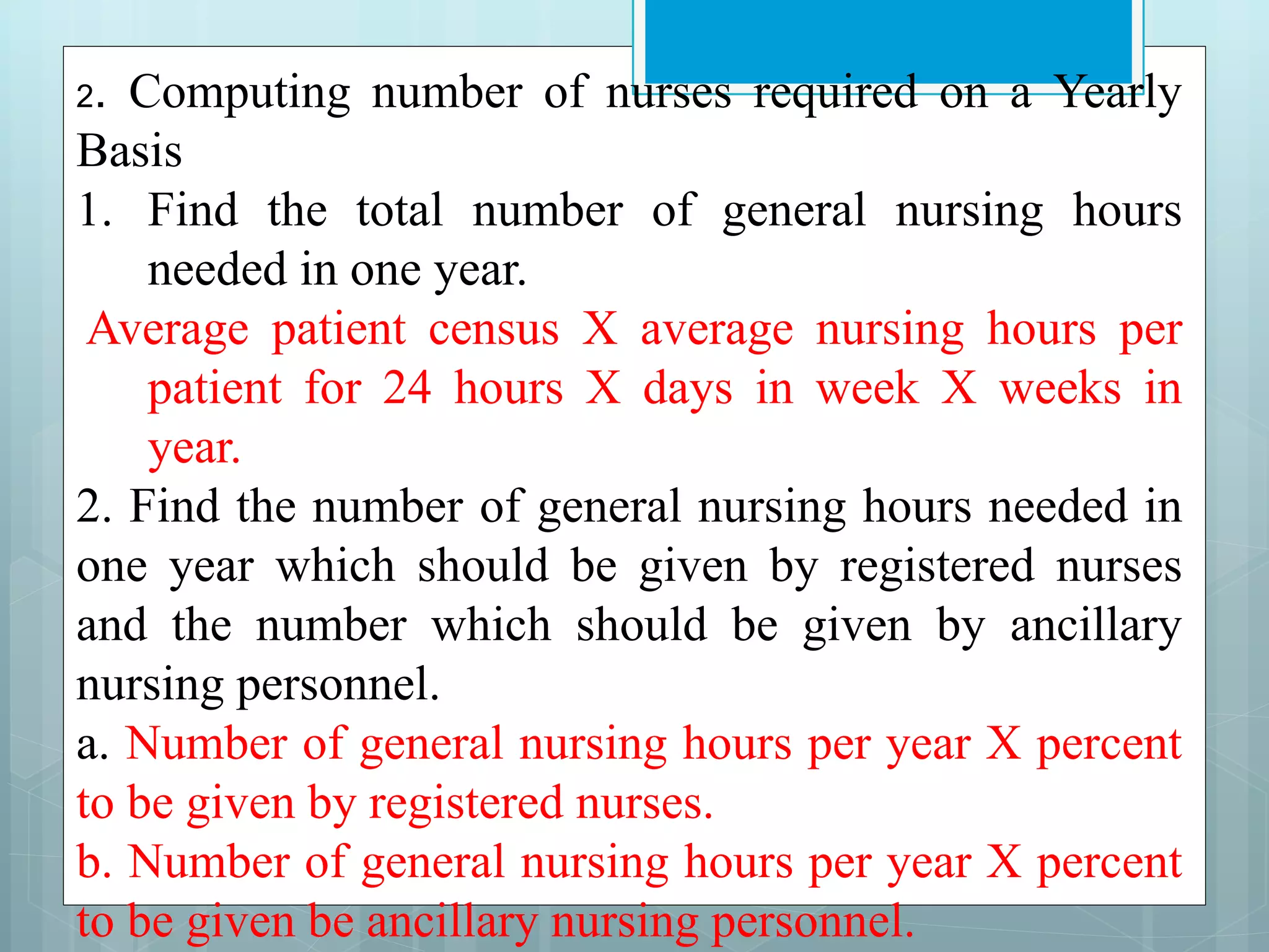 2. Computing number of nurses required on a Yearly
Basis
1. Find the total number of general nursing hours
needed in one year.
Average patient census X average nursing hours per
patient for 24 hours X days in week X weeks in
year.
2. Find the number of general nursing hours needed in
one year which should be given by registered nurses
and the number which should be given by ancillary
nursing personnel.
a. Number of general nursing hours per year X percent
to be given by registered nurses.
b. Number of general nursing hours per year X percent
to be given be ancillary nursing personnel.
 