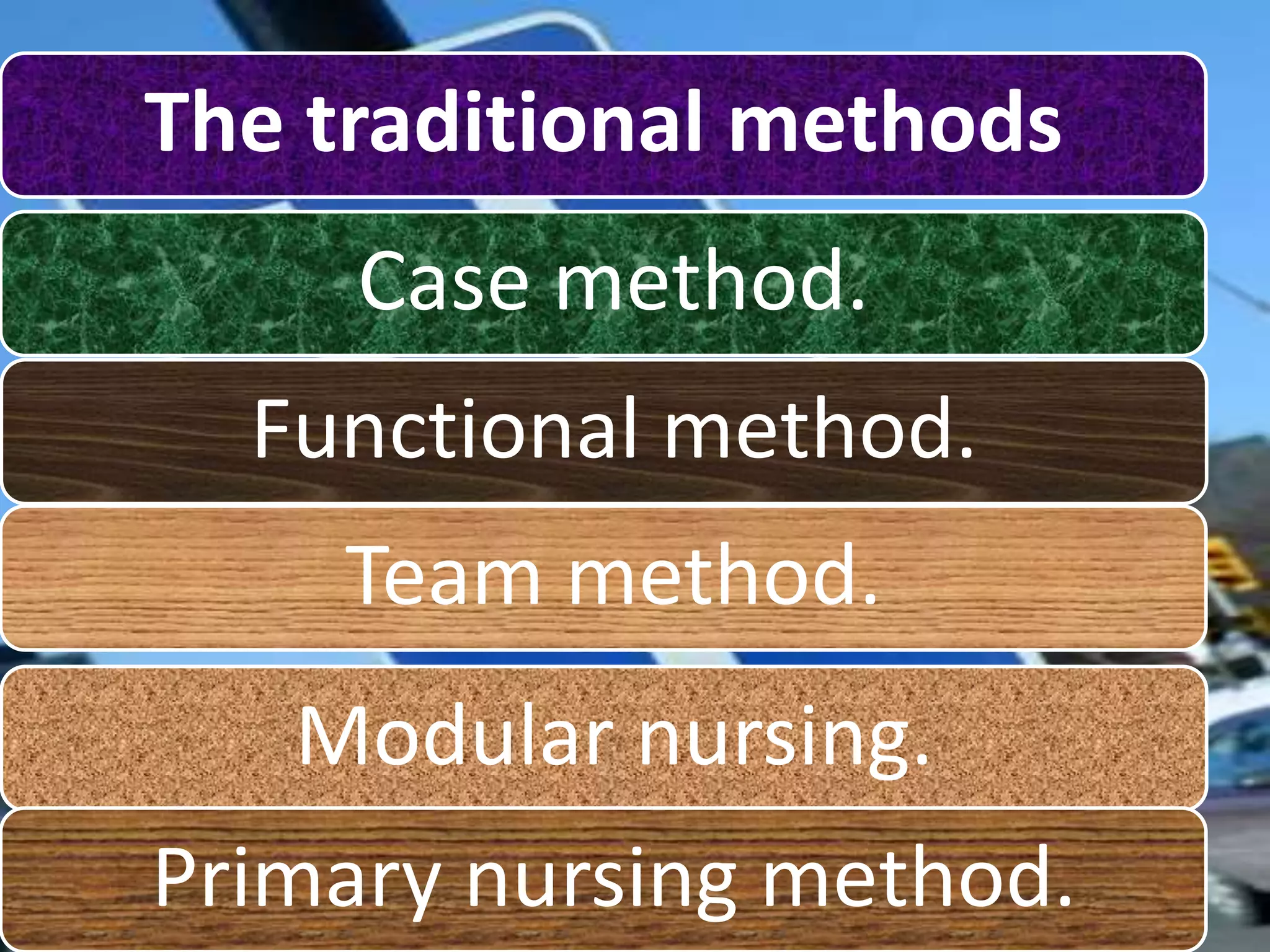 The traditional methods
Case method.
Functional method.
Team method.
Modular nursing.
Primary nursing method.
 