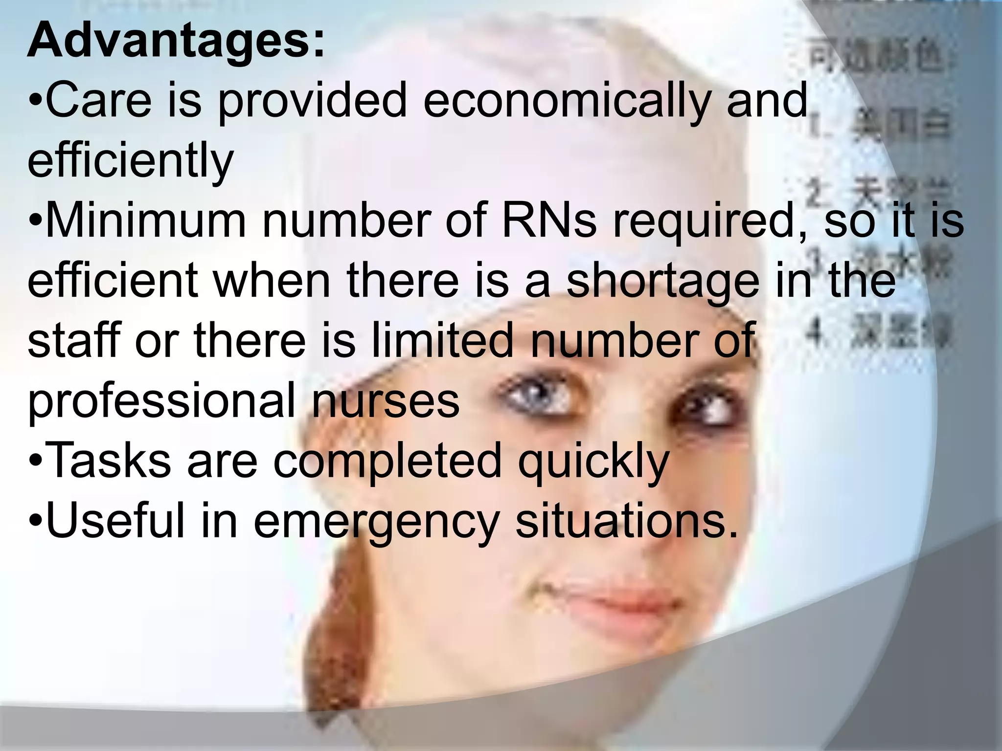 Advantages:
•Care is provided economically and
efficiently
•Minimum number of RNs required, so it is
efficient when there is a shortage in the
staff or there is limited number of
professional nurses
•Tasks are completed quickly
•Useful in emergency situations.
 