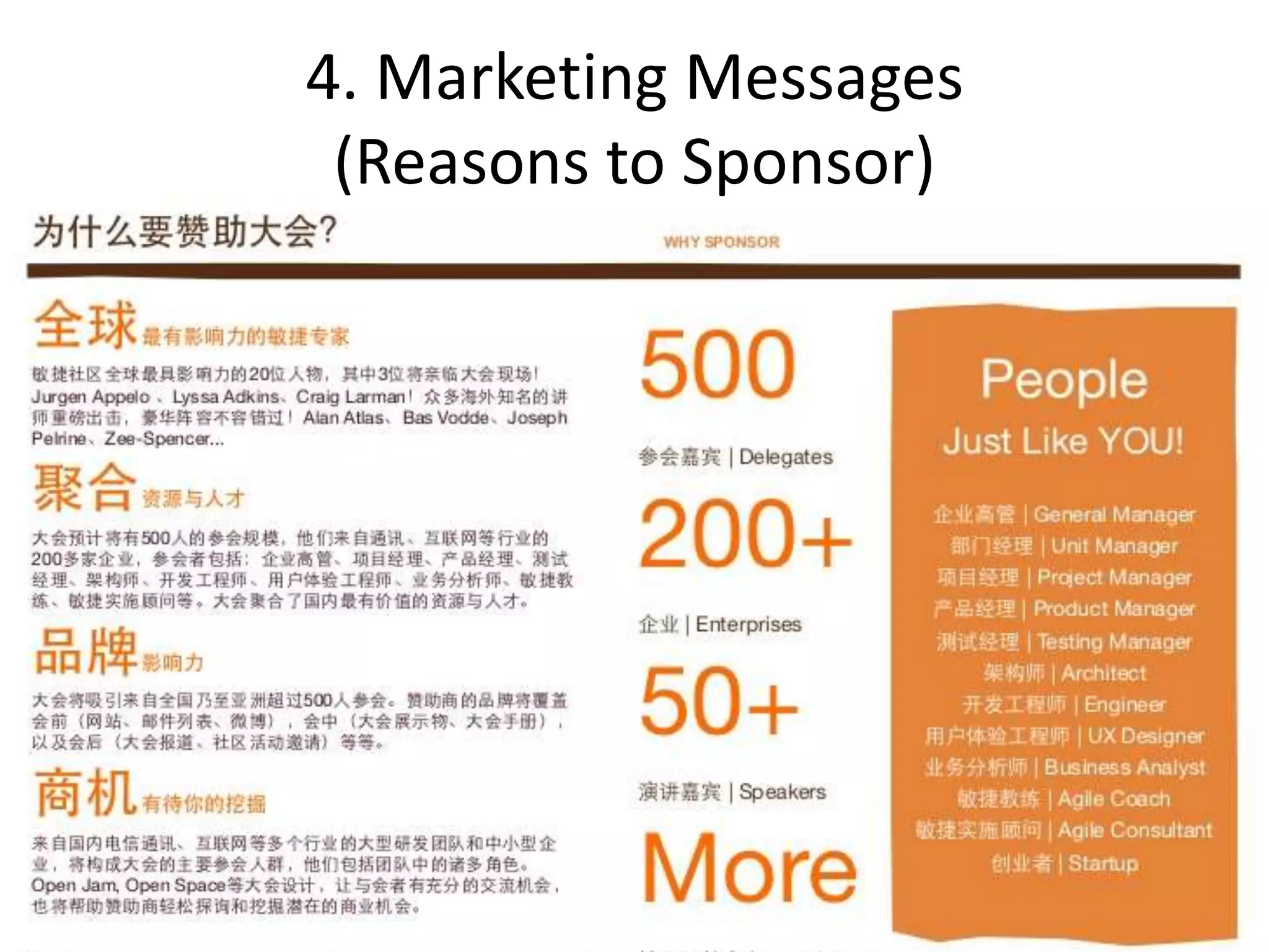 4. Marketing Messages
(Reasons to Sponsor)
 