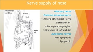 Nerve supply of nose
olfactory nerve
Common sensation Nerve
1:Antero ethemoidal Nerve
2:Branches of
spheno palatineganglion
3:Branches of infraorbital
Autonomic nerves
Para sympathic
Sympathic
 