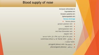 Blood supply of nose
Ant/post ethmoidal Ar
Supralabial Art
Greater palatine Art
Sphenopalatin Art
Venous drainage
 Venous plexus

greater palatian vein

septal vein

sphenopalatian vein

Ant/Post Ethmoidal vein

angular vein

‫میشود‬ ‫تخلیه‬ ‫ذیل‬ ‫های‬ ‫ورید‬ ‫به‬ ‫مذکور‬ ‫ها‬ ‫ضفیره‬

‫درقدام‬
–
facial vein
‫به‬ ‫که‬
cavernous sinus
‫میگردد‬ ‫تخلیه‬
.

‫درمتوسط‬
-
ptrygoid plexus vein

‫درخلف‬
pharangyeal plexeus
 