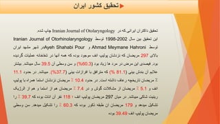 
‫کشور‬ ‫تحقیق‬
‫ایران‬
‫تحقیق‬
‫داکتران‬
‫ایرانی‬
‫که‬
‫در‬
Iranian Journal of Otolaryngology
‫چاپ‬
‫شده‬
.
‫این‬
‫تحقیق‬
‫بین‬
‫سال‬
2002
-
1998
‫توسط‬
Iranian Journal of Otorhinolaryngology
‫توسط‬
Ahmad Meymane Hahroni
‫و‬
Ayeh Shahabi Pour
‫در‬
‫شهر‬
‫مشهد‬
‫ایران‬
‫باالی‬
297
‫مریضان‬
‫که‬
‫نزدشان‬
‫پولیپ‬
‫انف‬
‫موجود‬
‫بوده‬
‫که‬
‫همه‬
‫آنها‬
‫در‬
‫شفاخانه‬
‫عملیات‬
‫گردی‬
‫ده‬
‫بود‬
.
‫فیصدی‬
‫این‬
‫مرض‬
‫در‬
‫مرد‬
‫ها‬
‫زیاد‬
‫بود‬
(
60.3
%
)
‫و‬
‫سن‬
‫وسطی‬
‫آن‬
39.5
‫سال‬
‫میباشد‬
.
‫بیشتر‬
‫عالیم‬
‫آن‬
‫بندش‬
‫بینی‬
(
81.1
%
)
‫که‬
‫مترافق‬
‫با‬
‫افرازات‬
‫بینی‬
(
37.7
%
)
.
‫میباشد‬
.
‫در‬
‫حدود‬
11.1
٪
‫مریضان‬
‫تاریخچه‬
‫رعاف‬
‫داشته‬
‫است‬
.
‫در‬
‫حدود‬
10.4
٪
‫مریضان‬
‫نزدشان‬
‫استما‬
‫همراه‬
‫با‬
‫پولیپ‬
‫انف‬
‫و‬
5.1
٪
‫مریضان‬
‫از‬
‫مشکالت‬
‫گوش‬
‫و‬
‫در‬
7.4
٪
‫مریضان‬
‫هم‬
‫از‬
‫استما‬
‫و‬
‫هم‬
‫از‬
‫الرژیک‬
‫رینیت‬
‫شاکی‬
‫میباشد‬
.
‫در‬
‫میان‬
297
‫مریضان‬
‫پولیپ‬
‫انف‬
‫؛‬
118
‫نفر‬
‫آن‬
‫اناث‬
‫بوده‬
‫که‬
39.7
٪
‫را‬
‫تشکیل‬
‫میدهد‬
‫و‬
179
‫مریضان‬
‫ان‬
‫طبقه‬
‫ذکور‬
‫بوده‬
‫که‬
60.3
٪
‫را‬
‫تشکیل‬
‫میدهد‬
.
‫سن‬
‫وسطی‬
‫مریضان‬
‫پولیپ‬
‫انف‬
39.49
‫بوده‬
 