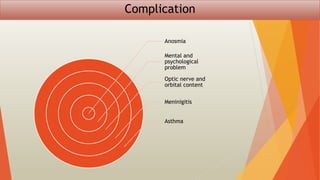 Complication
Anosmia
Mental and
psychological
problem
Optic nerve and
orbital content
Meninigitis
Asthma
 