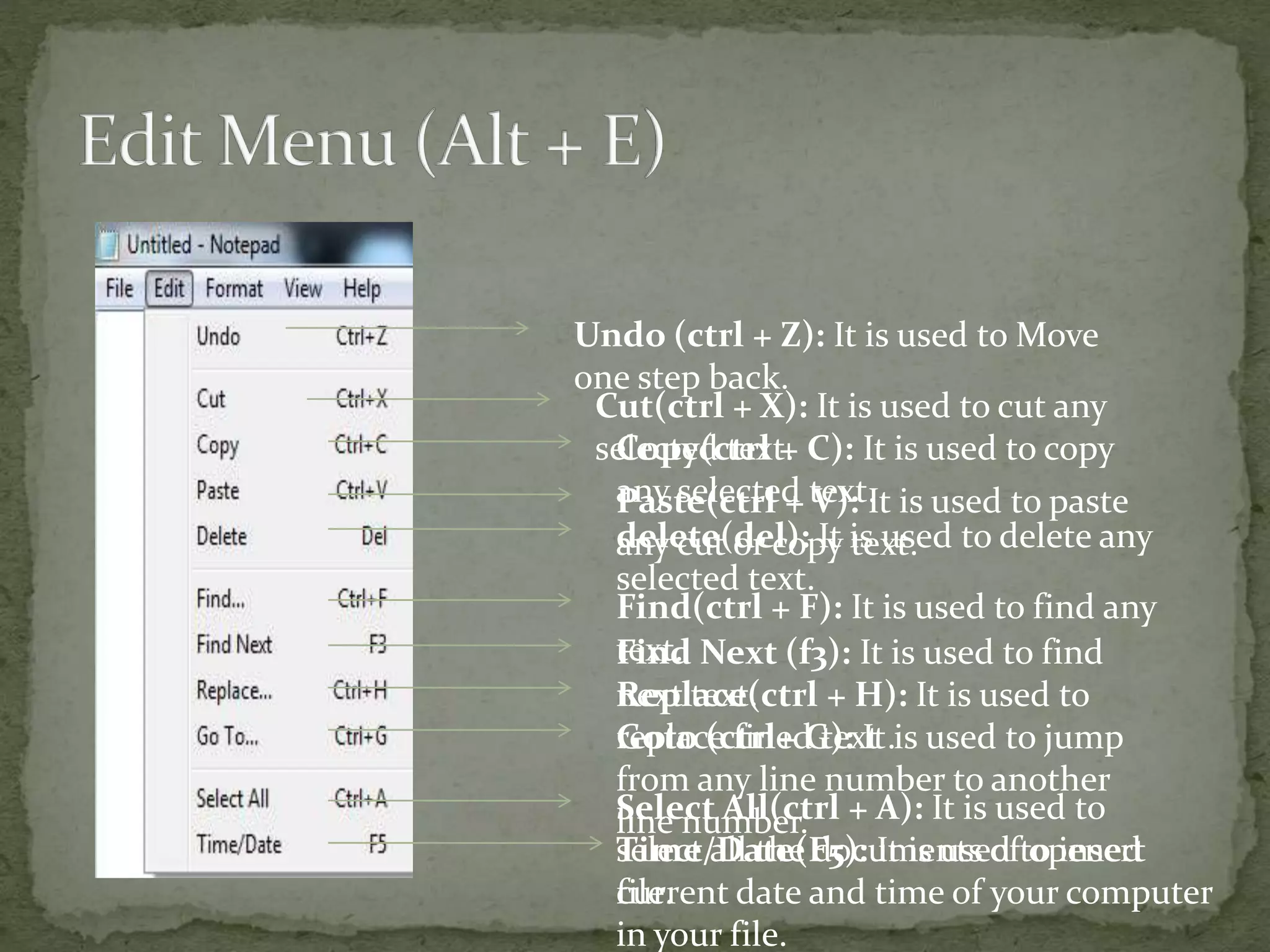 Undo (ctrl + Z): It is used to Move
one step back.
Cut(ctrl + X): It is used to cut any
selected text.Copy(ctrl + C): It is used to copy
any selected text.Paste(ctrl + V): It is used to paste
any cut or copy text.delete(del): It is used to delete any
selected text.
Find(ctrl + F): It is used to find any
text.Find Next (f3): It is used to find
next text.Replace(ctrl + H): It is used to
replace fined text .Goto (ctrl+ G): It is used to jump
from any line number to another
line number.Select All(ctrl + A): It is used to
select all the documents of opened
file.
Time/Date(F5): It is used to insert
current date and time of your computer
in your file.