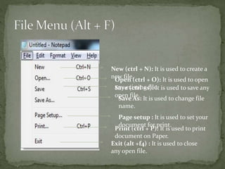 New (ctrl + N): It is used to create a
new file.
Open (ctrl + O): It is used to open
any existing file.Save (ctrl +s): It is used to save any
open file.
Save As: It is used to change file
name.
Page setup : It is used to set your
document for print.
Exit (alt +f4) : It is used to close
any open file.
Print (ctrl + P): It is used to print
document on Paper.
 