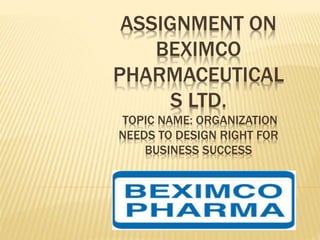 ASSIGNMENT ON
BEXIMCO
PHARMACEUTICAL
S LTD.
TOPIC NAME: ORGANIZATION
NEEDS TO DESIGN RIGHT FOR
BUSINESS SUCCESS
 