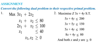 ASSIGNMENT
Convert the following dual problem to their respective primal problem.
1. 2.
 