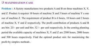  MAXIMISATION CASE
Problem : A factory manufactures two products A and B on three machines X, Y,
and Z. Product A requires 10 hours of machine X and 5 hours of machine Y a one
our of machine Z. The requirement of product B is 6 hours, 10 hours and 2 hours
of machine X, Y and Z respectively. The profit contribution of products A and B
are birr. 23/– per unit and birr. 32 /– per unit respectively. In the coming planning
period the available capacity of machines X, Y and Z are 2500 hours, 2000 hours
and 500 hours respectively. Find the optimal product mix for maximizing the
profit by simplex methods .
 
