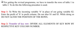  For getting the revised programme, we have to transfer the rows of table 1 to
table 2. To do this the following procedure is used.
Step 1: To Write the incoming variable ‘b’ in place of out going variable S2.
Enter the profit of ‘b’ in profit column. Do not alter S1 and S3. While doing so
DO NOT ALTER THE POSITION OF THE ROWS.
Step 2: Transfer of key row: DIVIDE ALL ELEMENTS OF KEY ROW BY
RESPECTIVE KEY COLUMN NUMBER.
 
