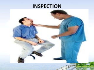 GENERAL INSPECTION OF A CLIENT
               FOCUSES ON
•   Overall appearance of health or illness
•   Signs of distress...