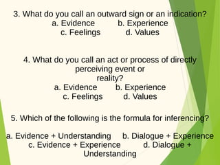 3. What do you call an outward sign or an indication?
a. Evidence b. Experience
c. Feelings d. Values
4. What do you call an act or process of directly
perceiving event or
reality?
a. Evidence b. Experience
c. Feelings d. Values
5. Which of the following is the formula for inferencing?
a. Evidence + Understanding b. Dialogue + Experience
c. Evidence + Experience d. Dialogue +
Understanding
 