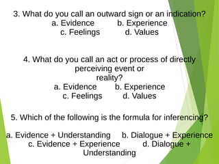 3. What do you call an outward sign or an indication?
a. Evidence b. Experience
c. Feelings d. Values
4. What do you call an act or process of directly
perceiving event or
reality?
a. Evidence b. Experience
c. Feelings d. Values
5. Which of the following is the formula for inferencing?
a. Evidence + Understanding b. Dialogue + Experience
c. Evidence + Experience d. Dialogue +
Understanding
 