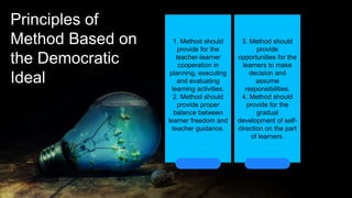 • Infographic Style
Principles of
Method Based on
the Democratic
Ideal
1. Method should
provide for the
teacher-learner
cooperation in
planning, executing
and evaluating
learning activities.
2. Method should
provide proper
balance between
learner freedom and
teacher guidance.
3. Method should
provide
opportunities for the
learners to make
decision and
assume
responsibilities.
4. Method should
provide for the
gradual
development of self-
direction on the part
of learners.
 