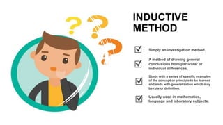 INDUCTIVE
METHOD
Simply an investigation method.
A method of drawing general
conclusions from particular or
individual differences.
Starts with a series of specific examples
of the concept or principle to be learned
and ends with generalization which may
be rule or definition.
Usually used in mathematics,
language and laboratory subjects.
 