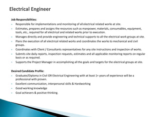 Job Responsibilities:
 Responsible for implementations and monitoring of all electrical related works at site.
 Estimates, prepares and assigns the resources such as manpower, materials, consumables, equipment,
tools, etc., required for all electrical and related works prior to execution.
 Manages directly and provide engineering and technical supports to all the electrical work groups at site.
 Plans the execution of all electrical related works and coordinates the works to mechanical and civil
groups.
 Coordinates with Client / Consultants representatives for any site instructions and inspection of works.
 Submits site daily reports, inspection requests, estimates and all applicable monitoring reports on regular
basis or as required.
 Supports the Project Manager in accomplishing all the goals and targets for the electrical groups at site.
Desired Candidate Profile:
 Graduate/Diploma in Civil OR Electrical Engineering with at least 1+ years of experience will be a
professional with proven.
 Excellent communication, interpersonal skills & Hardworking
 Good working knowledge
 Goal achievers & positive thinking.
 