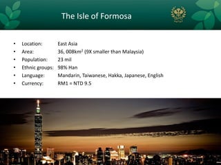 The Isle of Formosa


•   Location:        East Asia
•   Area:            36, 008km2 (9X smaller than Malaysia)
•   Population:      23 mil
•   Ethnic groups:   98% Han
•   Language:        Mandarin, Taiwanese, Hakka, Japanese, English
•   Currency:        RM1 = NTD 9.5
 