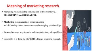 Meaning of marketing research.
• Marketing research is the combination of two words viz..
MARKETING and RESEARCH.
• Marketing means creating, communicating
and delivering values to customer and managing relation ships.
• Research means a systematic and complete study of a problem.
• Generally, it is done by EXPERTS . It uses scientific research.
 