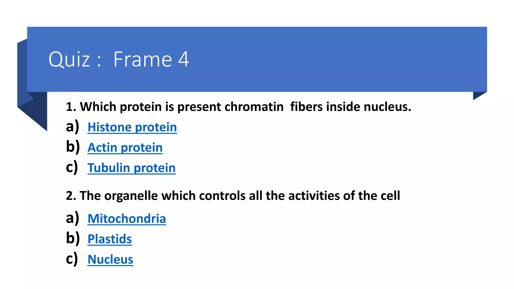Quiz : Frame 4
1. Which protein is present chromatin fibers inside nucleus.
a) Histone protein
b) Actin protein
c) Tubulin protein
2. The organelle which controls all the activities of the cell
a) Mitochondria
b) Plastids
c) Nucleus
 