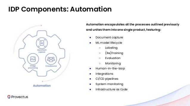 Automation encapsulates all the processes outlined previously
and unites them into one single product, featuring:
● Document capture
● ML model lifecycle
○ Labeling
○ (Re)Training
○ Evaluation
○ Monitoring
● Human-in-the-loop
● Integrations
● CI/CD pipelines
● System monitoring
● Infrastructure as Сode
IDP Components: Automation
 