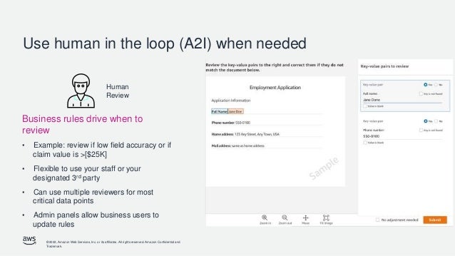 © 2022, Amazon Web Services, Inc. or its affiliates. All rights reserved. Amazon Confidential and
Trademark.
Use human in the loop (A2I) when needed
27
Human
Review
Business rules drive when to
review
• Example: review if low field accuracy or if
claim value is >[$25K]
• Flexible to use your staff or your
designated 3rd party
• Can use multiple reviewers for most
critical data points
• Admin panels allow business users to
update rules
 