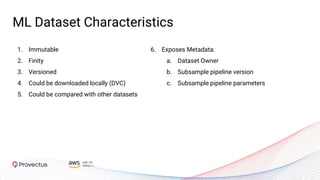 ML Dataset Characteristics
1. Immutable
2. Finity
3. Versioned
4. Could be downloaded locally (DVC)
5. Could be compared with other datasets
6. Exposes Metadata:
a. Dataset Owner
b. Subsample pipeline version
c. Subsample pipeline parameters
 