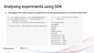 Analysing experiments using SDK
● All logged information about an experiment can be easily exported to a Pandas DataFrame
 