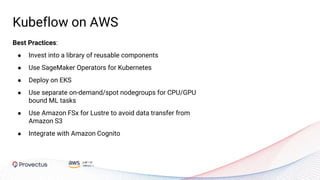 Kubeflow on AWS
Best Practices:
● Invest into a library of reusable components
● Use SageMaker Operators for Kubernetes
● Deploy on EKS
● Use separate on-demand/spot nodegroups for CPU/GPU
bound ML tasks
● Use Amazon FSx for Lustre to avoid data transfer from
Amazon S3
● Integrate with Amazon Cognito
 