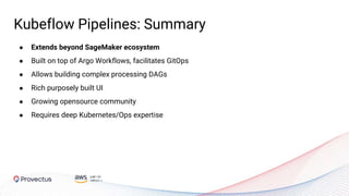 Kubeflow Pipelines: Summary
● Extends beyond SageMaker ecosystem
● Built on top of Argo Workflows, facilitates GitOps
● Allows building complex processing DAGs
● Rich purposely built UI
● Growing opensource community
● Requires deep Kubernetes/Ops expertise
 