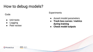 Code
● Unit tests
● Logging
● Peer review
How to debug models?
Experiments
● Assert model parameters
● Track loss curves / metrics
during training
● Check model outputs
 