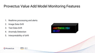 1. Realtime processing and alerts
2. Image Data Drift
3. Text Data Drift
4. Anomaly Detection
5. Interpretability of drift
Provectus Value Add Model Monitoring Features
ANYTHING YOU
WANT
 