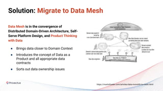 Solution: Migrate to Data Mesh
Data Mesh is in the convergence of
Distributed Domain-Driven Architecture, Self-
Serve Platform Design, and Product Thinking
with Data
● Brings data closer to Domain Context
● Introduces the concept of Data as a
Product and all appropriate data
contracts
● Sorts out data ownership issues
https://martinfowler.com/articles/data-monolith-to-mesh.html
 