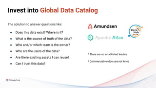 Invest into Global Data Catalog
The solution to answer questions like:
● Does this data exist? Where is it?
● What is the source of truth of the data?
● Who and/or which team is the owner?
● Who are the users of the data?
● Are there existing assets I can reuse?
● Can I trust this data?
* There are no established leaders
* Commercial vendors are not listed
 