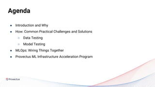 Agenda
● Introduction and Why
● How: Common Practical Challenges and Solutions
○ Data Testing
○ Model Testing
● MLOps: Wiring Things Together
● Provectus ML Infrastructure Acceleration Program
 