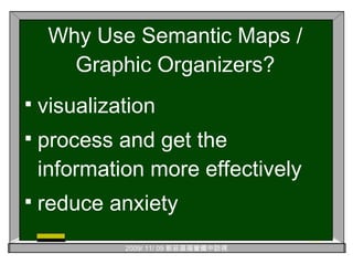 Why Use Semantic Maps / Graphic Organizers? visualization process and get the information more effectively reduce anxiety 