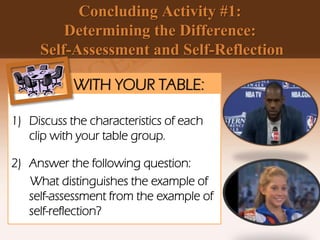 Concluding Activity #1:
Determining the Difference:
Self-Assessment and Self-Reflection
WITH YOUR TABLE:
1) Discuss the characteristics of each
clip with your table group.
2) Answer the following question:
What distinguishes the example of
self-assessment from the example of
self-reflection?
 