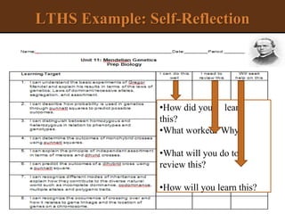 LTHS Example: Self-Reflection
•How did you learn
this?
•What worked? Why?
•What will you do to
review this?
•How will you learn this?
 
