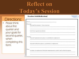 Reflect on
Today’s Session
Directions:
• Please think
about first
quarter and
your goals for
second quarter,
when
completing this
form.
 