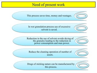 This process saves time, money and wastages.
In wet granulation process use of excessive
solvent is saved.
Reduction in the use of solvent avoids drying of
the granules leading to the reduction in
power consumption and man power.
Reduce the cleaning operation of number of
assets.
Drugs of sticking nature can be manufactured by
this process.
 